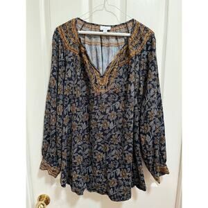 J.Jill Pure Jill Embroidered Popover Boho Peasant Blouse Top Floral Fall Navy 2X